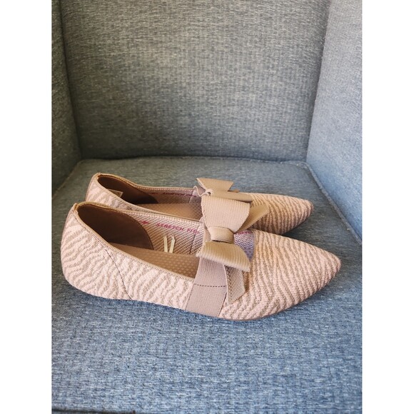 Skechers Women's Pink & Taupe Brown Stripes Pointy Toe Flats w/ Bows Size 8.5 - Picture 1 of 8
